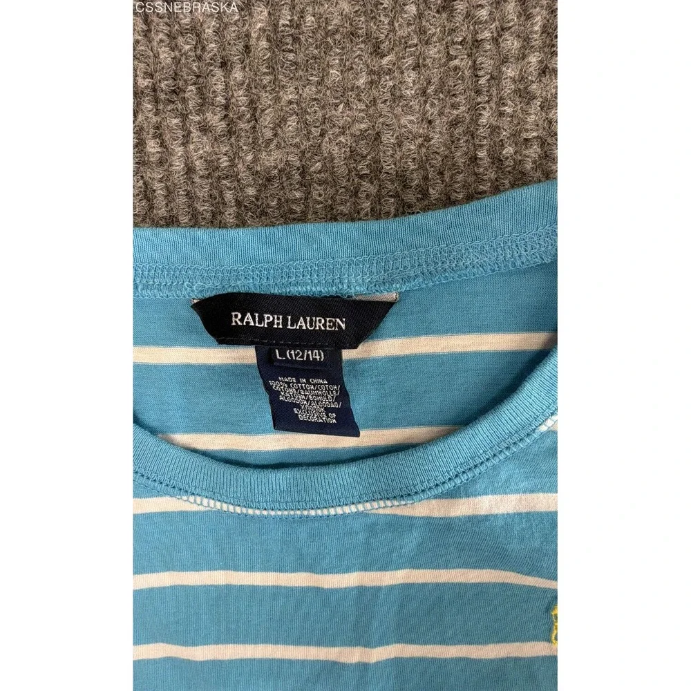 Ralph Lauren Girls Blue Striped Ruffle Hem Dress 3/4 Sleeve NWT Size L 12/14